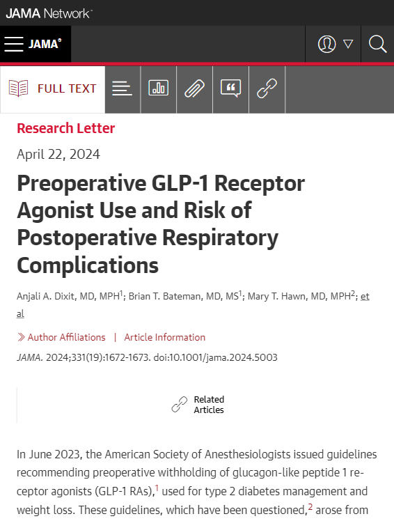 From @JAMA_current: Preoperative use of GLP-1 receptor agonists in patients undergoing emergency surgery was not associated with a higher risk of postoperative respiratory complications vs those not taking GLP-1 receptor agonists. ja.ma/44OYtmk