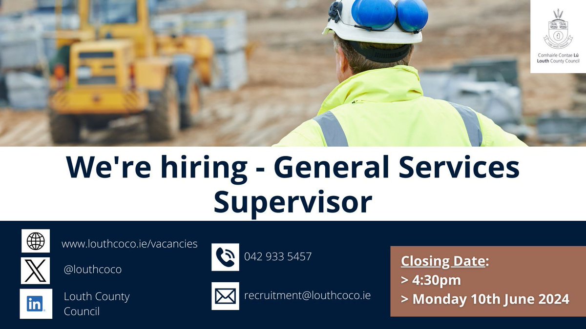 Looking for a new job? We’re hiring for General Services Supervisors to join our team. Apply now at buff.ly/3wJ0Jis Closes 4:30pm Mon 10th Jun ’24. #JobFairy #YourCouncil #LouthJobs @Louthchat