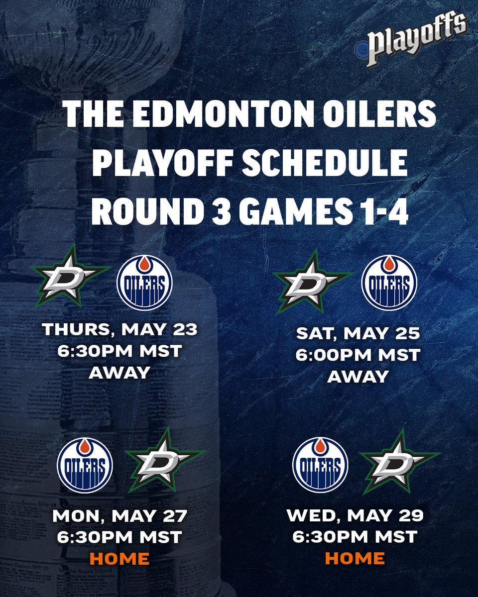 Here is the Oilers playoff schedule for games 1-4 against the Dallas Stars in the Western Conference Final.