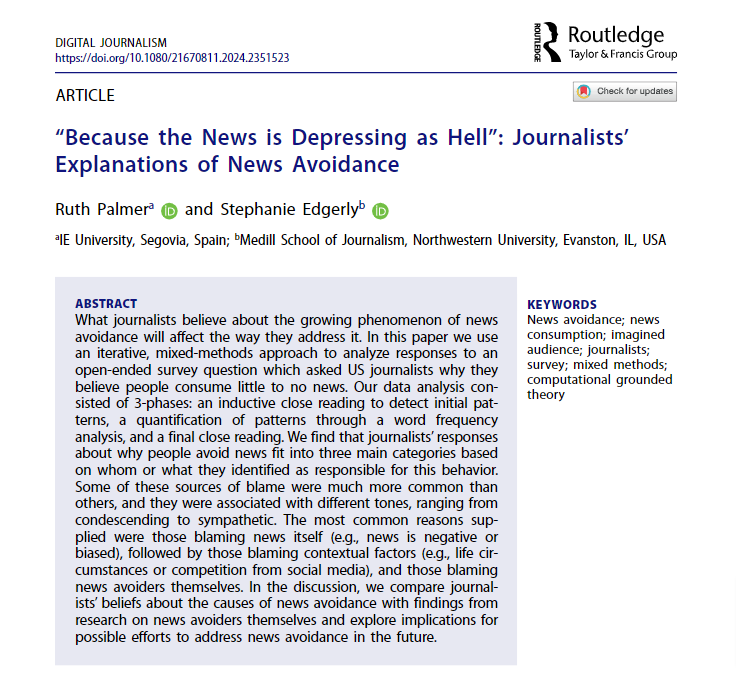 ONLINE FIRST! Why do people avoid the news, according to journalists? @ruthiepalmer and @StephEdgerly find that journalists attribute news avoidance to negative or biased news, life circumstances, and the avoiders themselves. ➡️tandfonline.com/doi/full/10.10…