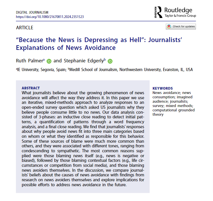 Digital Journalism (@djeditorialteam) on Twitter photo ONLINE FIRST! Why do people avoid the news, according to journalists? <a href="/ruthiepalmer/">Ruth Palmer</a> and <a href="/StephEdgerly/">Stephanie Edgerly</a> find that journalists attribute news avoidance to negative or biased news, life circumstances, and the avoiders themselves.
➡️tandfonline.com/doi/full/10.10… ONLINE FIRST! Why do people avoid the news, according to journalists? <a href="/ruthiepalmer/">Ruth Palmer</a> and <a href="/StephEdgerly/">Stephanie Edgerly</a> find that journalists attribute news avoidance to negative or biased news, life circumstances, and the avoiders themselves.
➡️tandfonline.com/doi/full/10.10…