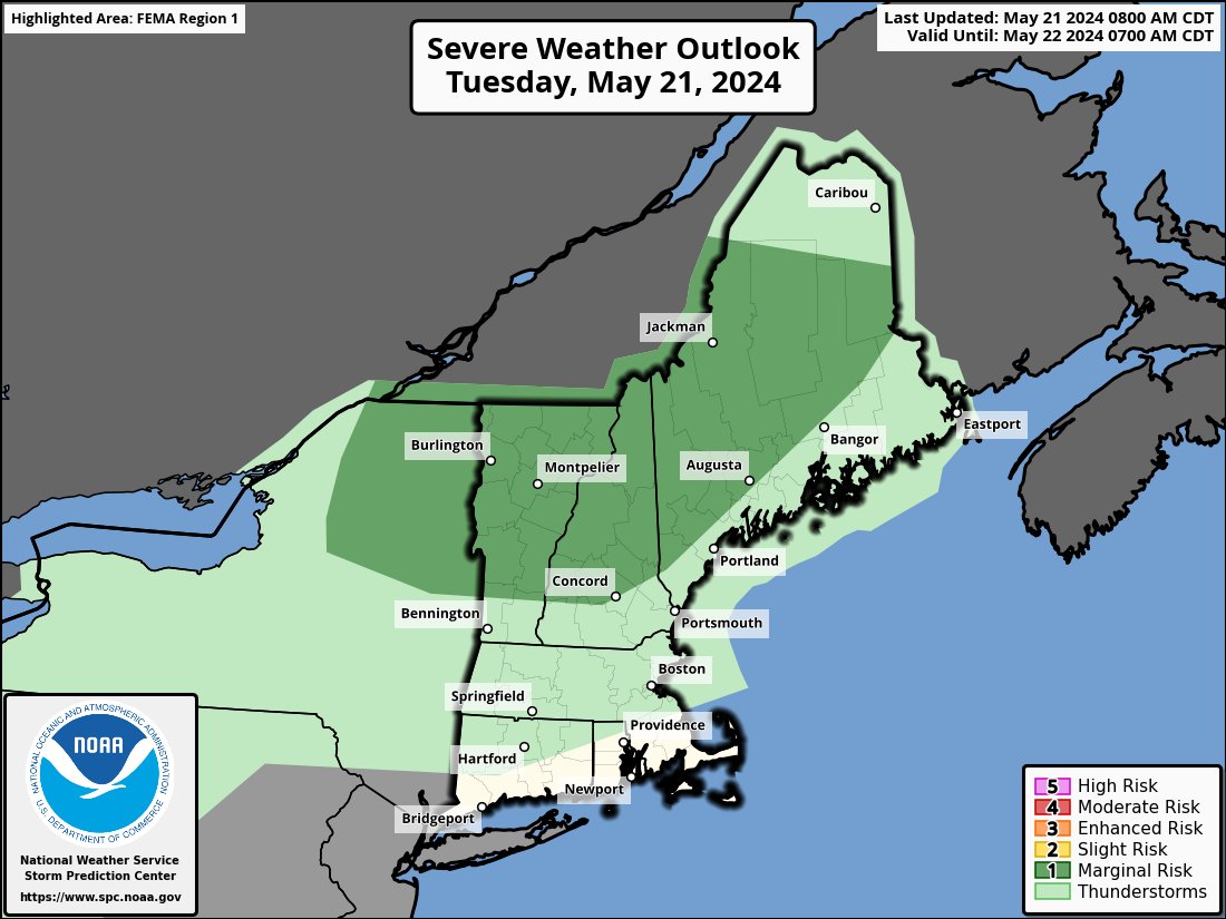 [Severe Weather Update] If traveling to northern New England/New York this afternoon & early evening, a few severe #thunderstorms are possible. Strong winds & large hail are the main concerns.