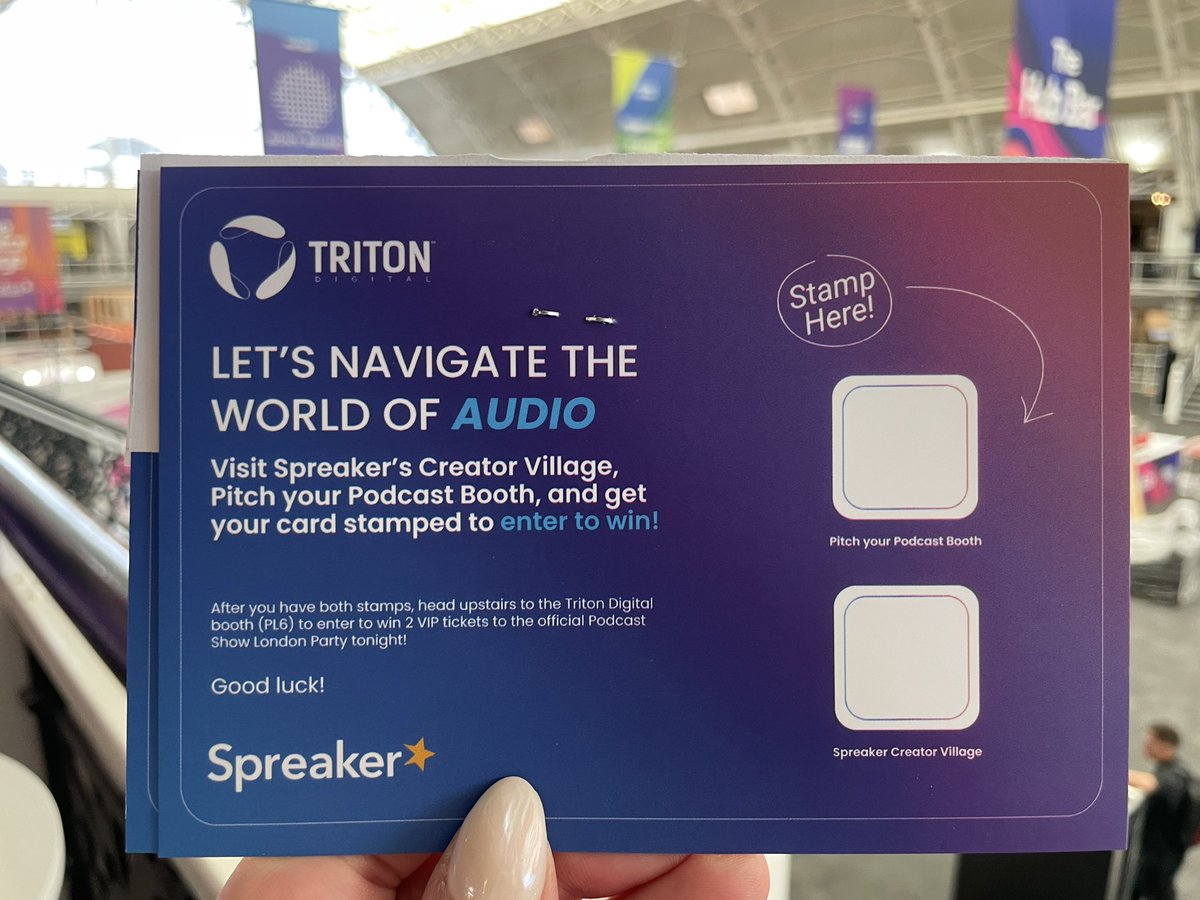 Do you want to win 2 VIP tickets to the hottest party at @PodcastShowLDN!? It’s easy: ⭐️ Visit Spreaker’s Creator Village 🎙️ Visit Spreaker’s Pitch your Podcast booth 🚶 Head on up to the @TritonDigital booth once you have stamps for visiting Enter to win - good luck! 🎉