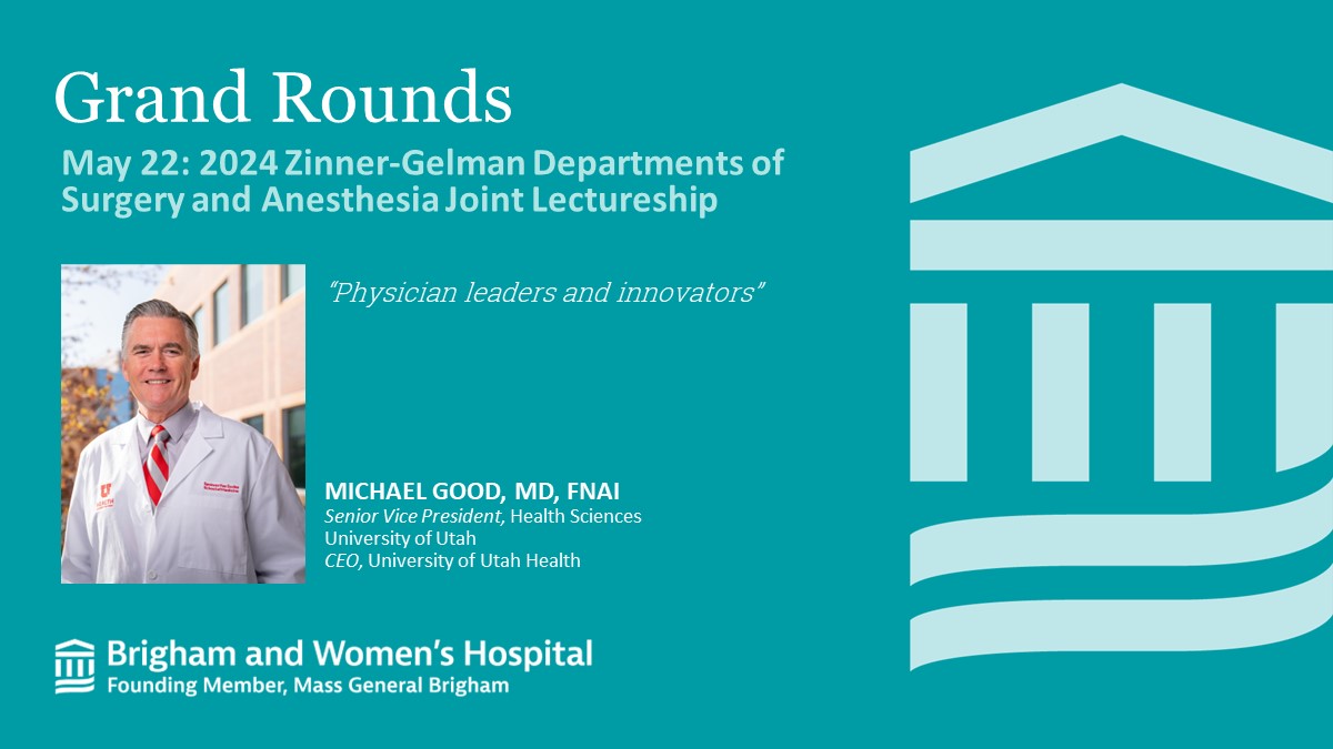 Brigham and Women’s Department of Surgery (@brighamsurgery) on Twitter photo We welcome <a href="/MikeGoodMD/">Michael L. Good, MD</a> <a href="/UofUHealth/">University of Utah Health</a> & <a href="/UUtah/">University of Utah</a> as the 2024 Zinner-Gelman Joint Lecturer for <a href="/BrighamSurgery/">Brigham and Women’s Department of Surgery</a> & <a href="/BrighamAnes/">Brigham and Women’s Anesthesiology</a>! Dr. Good will present #GrandRounds tomorrow May 22. We welcome <a href="/MikeGoodMD/">Michael L. Good, MD</a> <a href="/UofUHealth/">University of Utah Health</a> & <a href="/UUtah/">University of Utah</a> as the 2024 Zinner-Gelman Joint Lecturer for <a href="/BrighamSurgery/">Brigham and Women’s Department of Surgery</a> & <a href="/BrighamAnes/">Brigham and Women’s Anesthesiology</a>! Dr. Good will present #GrandRounds tomorrow May 22.