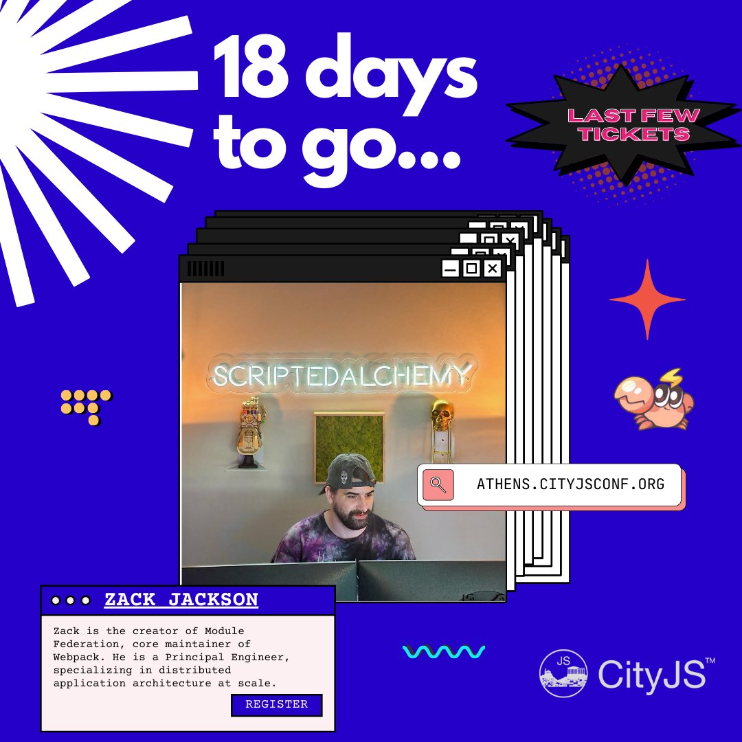 18 days to go for #CityJSAthens Not a lot of sleeping in #seattle for @ScriptedAlchemy this mighty braniac developer, is the creator of #modulefederation, lets find out more about #rspack, the successor of #webpack. For those who want to get into architectural development this