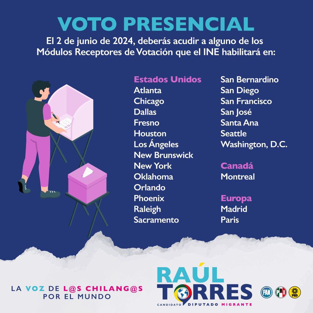 El voto de l@s mexican@s en el extranjero es muy valioso para la vida política mexicana. 

Puedes ejercer tu derecho desde las oficinas que el @INEMexico habilitará para el modo presencial. 

#DiputacionMigrante
#ElCambioViene
#DiputadoMigrante 
#MexicanosEnElExterior