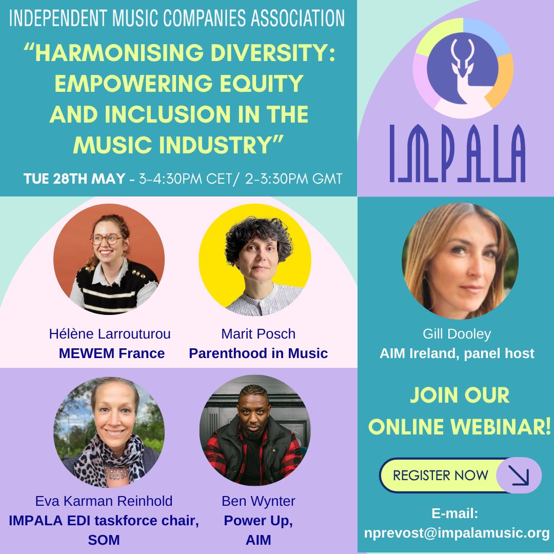 🔸ONE WEEK TO GO ⏰ 🔸Join IMPALA's #webinar with key speakers on “Harmonising Diversity: Empowering Equity and Inclusion in the Music Industry”. 🗓Tuesday 28th May ⏰ 3:00 - 4:30pm CET / 2:00 - 3:30pm GMT 📧Register 👉 nprevost@impalamusic.org #EuropeanDiversityMonth
