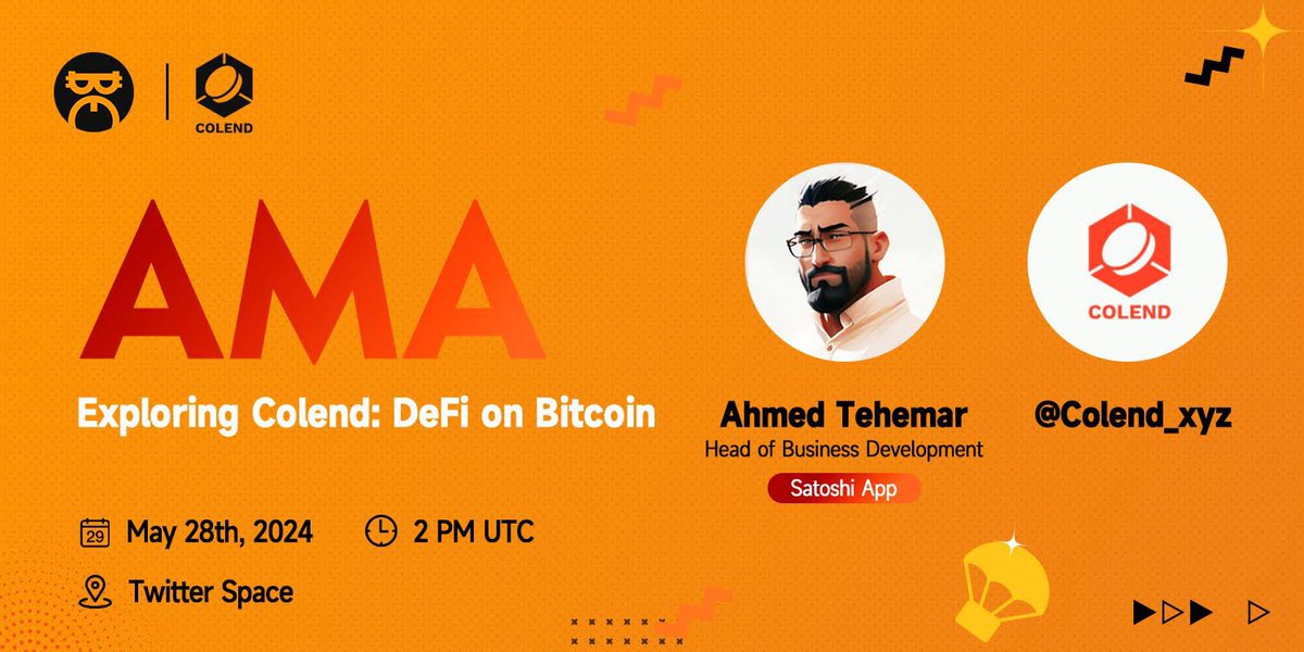 🎙️ Join us for an AMA with @colend_xyz as we discuss decentralized lending, learn about Colend, and get the latest on their #airdrop on Satoshi App. 

🗓️ When: May 28th, 2 PM UTC 
📍 Where: x.com/i/spaces/1rmxp…

Have questions? Drop them in the comments.