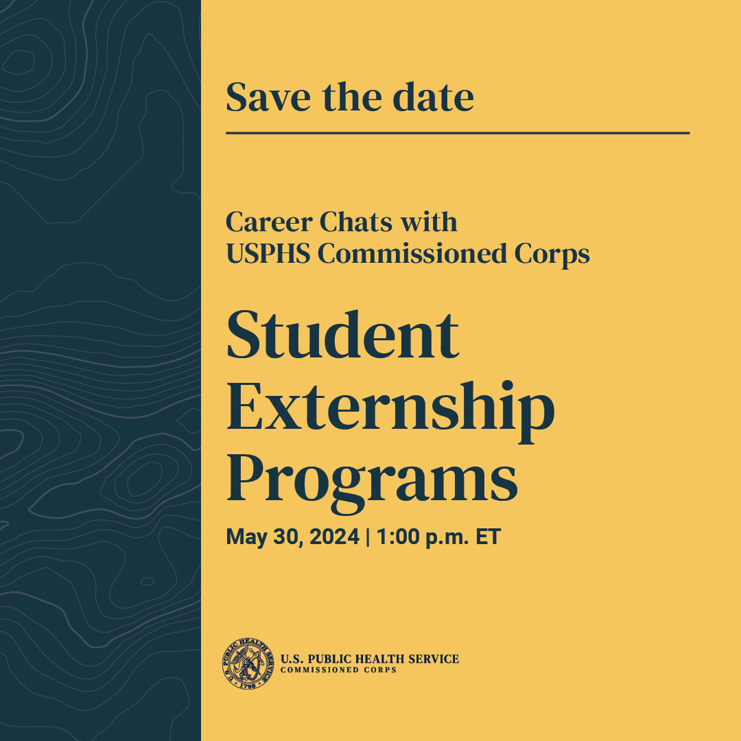 Save the date! On 5/30, we'll host the next session of our Career Chats series, focusing on Student Externship Programs. Join us to learn how you as a student can get involved in the work we do to protect our nation's health. Register: bit.ly/4brF0uq #USPHSCareerChats