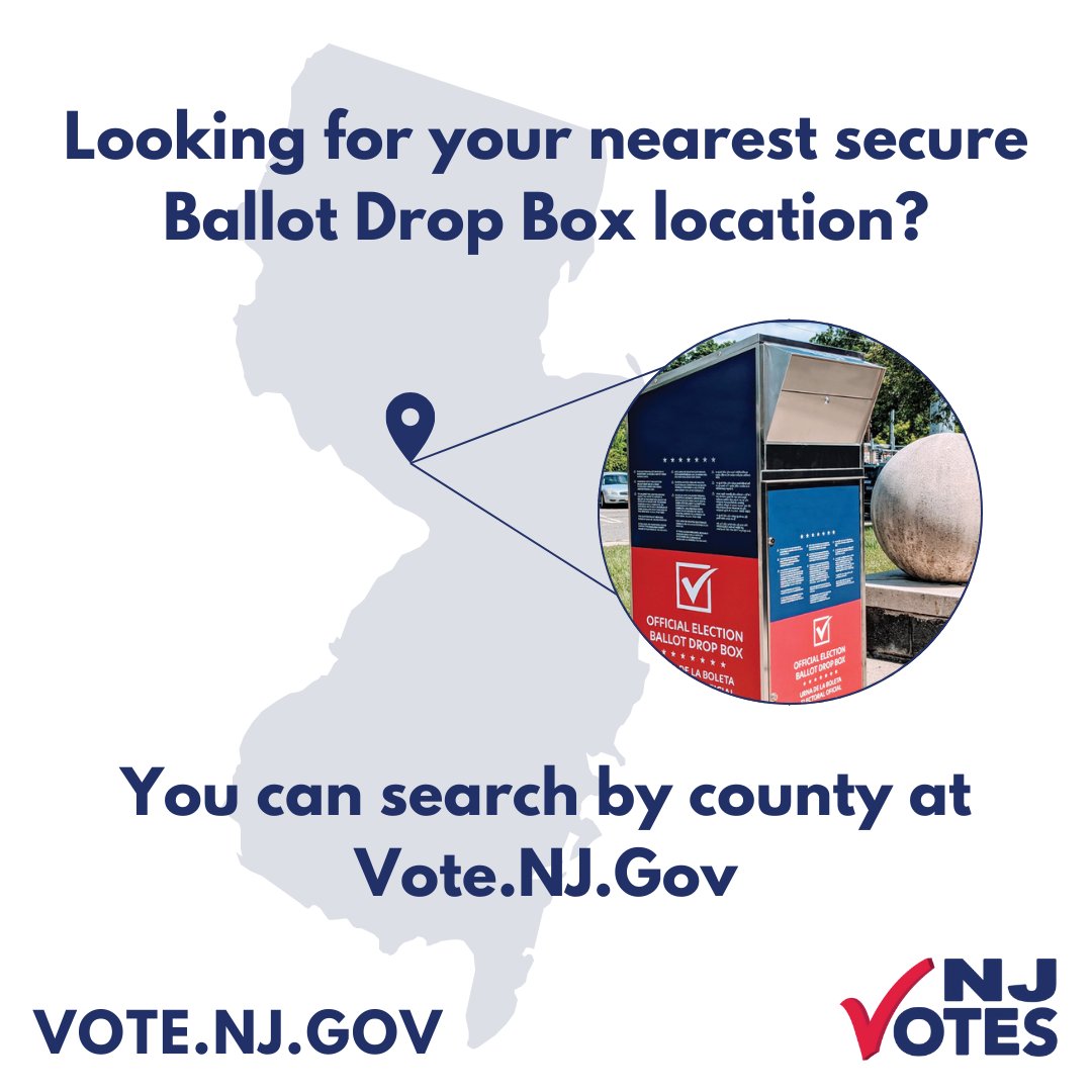 Secure ballot drop box location information is provided by county and can be found on Vote.NJ.Gov. Drop off your mail-in ballot anytime. All locations are open 24 hours a day and until 8PM on Election Day unless noted. #NJVotes #VoteByMail