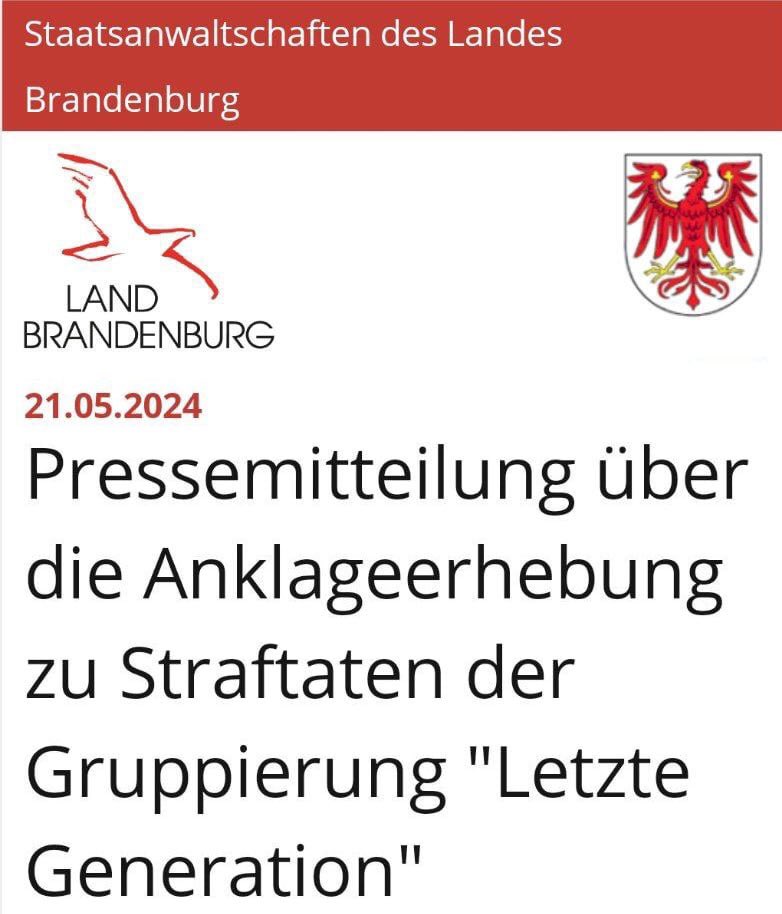 ❗️Fünf Aktivisten der „Letzten Generation“ wegen Bildung einer kriminellen Vereinigung angeklagt Hintergrund sind Angriffe gegen Anlagen der Ölraffinerie PCK in Schwedt im Nordosten Brandenburgs, gegen den Hauptstadtflughafen BER und das Barberini-Museum in Potsdam im Zeitraum