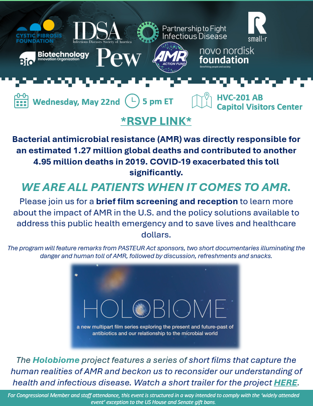 Calling all #antimicrobialresistance advocates in DC! Please join us tomorrow night, along with @RepDrewFerguson & @MarkAmodeiNV2 - Holobiome on the Hill: Cocktails & Conversation on the Path Forward for #AMR Policy. RSVP: docs.google.com/forms/d/1kimA1…