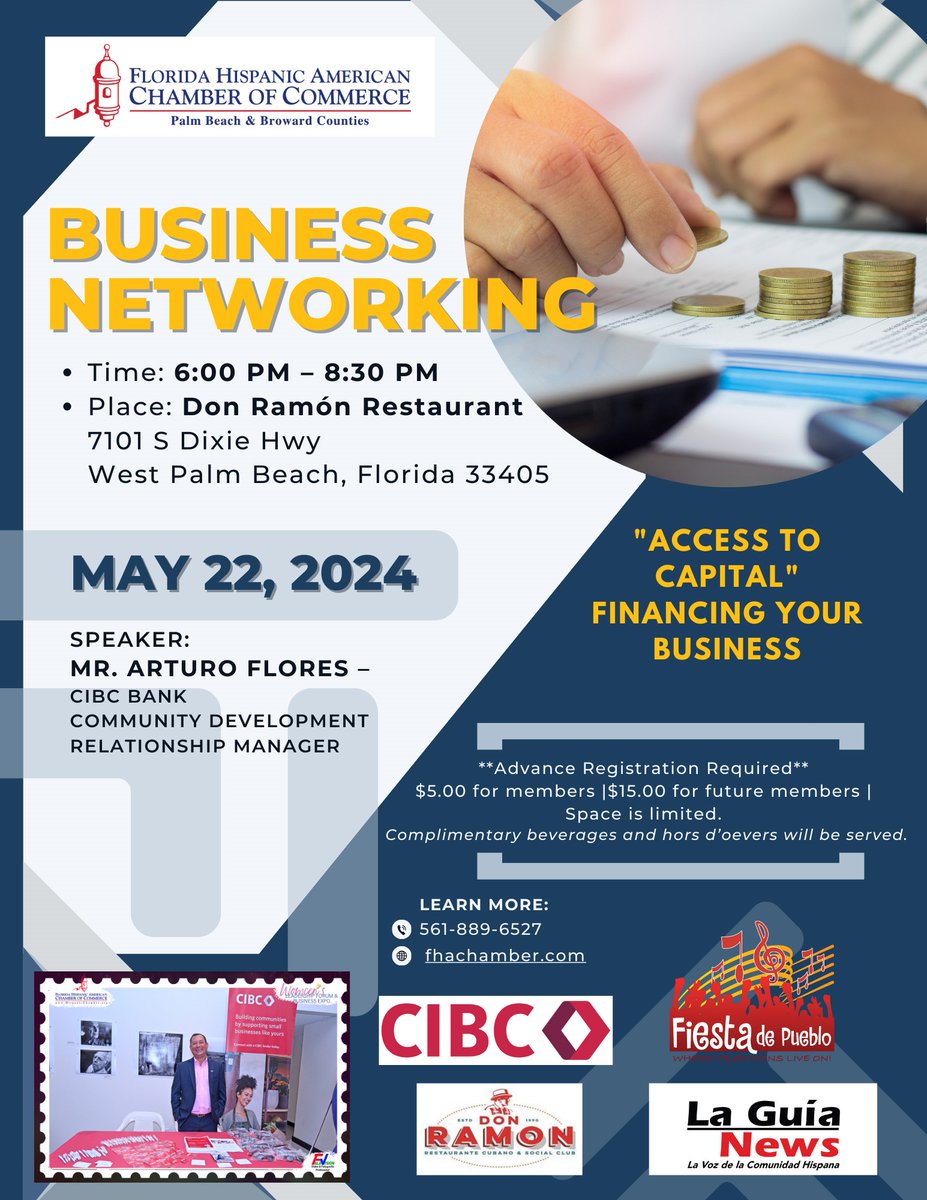Business Networking

Date: May 22, 2024 / Time: 6:00 pm – 8:30 pm

Place: Don Ramón Restaurant 7101 S Dixie Hwy West Palm Beach, Florida 33405
Complimentary beverages and hors d’oeuvres will be provided. fhachamber.com/evrplus_regist…