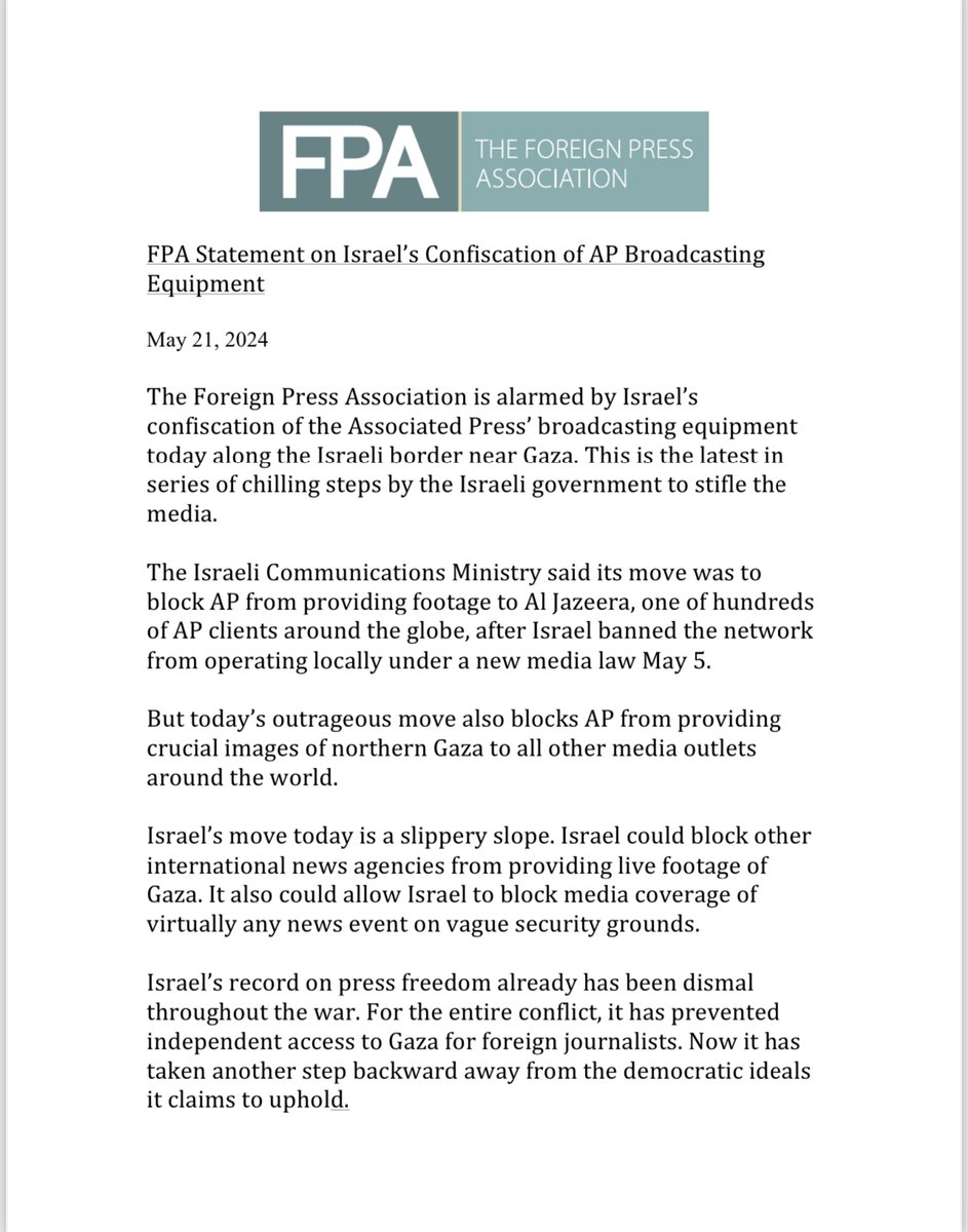 FPAIsPal's tweet image. FPA statement regarding Israel's confiscation of AP broadcasting equipment