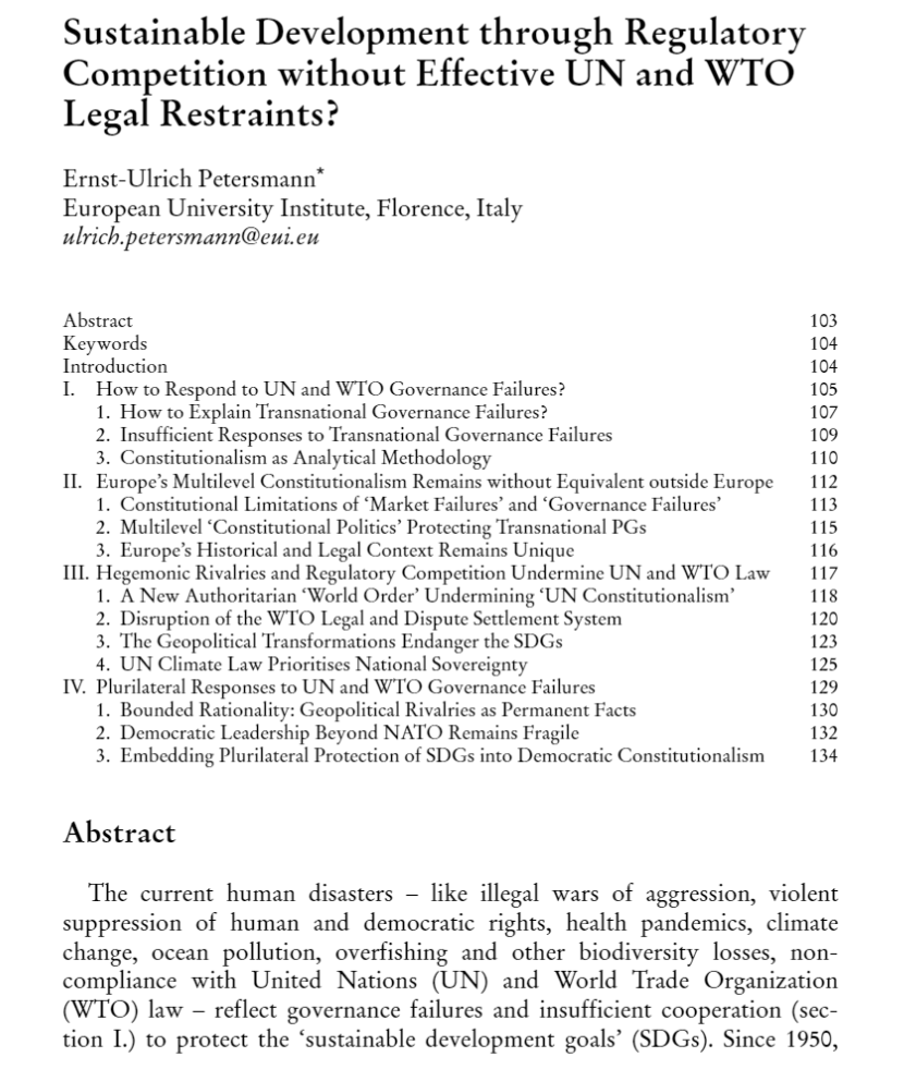 What stands in the way of the realization of the UN Sustainable Development Goals (SDGs)? Read this timely article by Ernst-Ulrich Petersmann, who explains how regulatory competition and authoritarian alliances obstruct the necessary WTO reforms for SDGs: nomos-elibrary.de/10.17104/0044-…