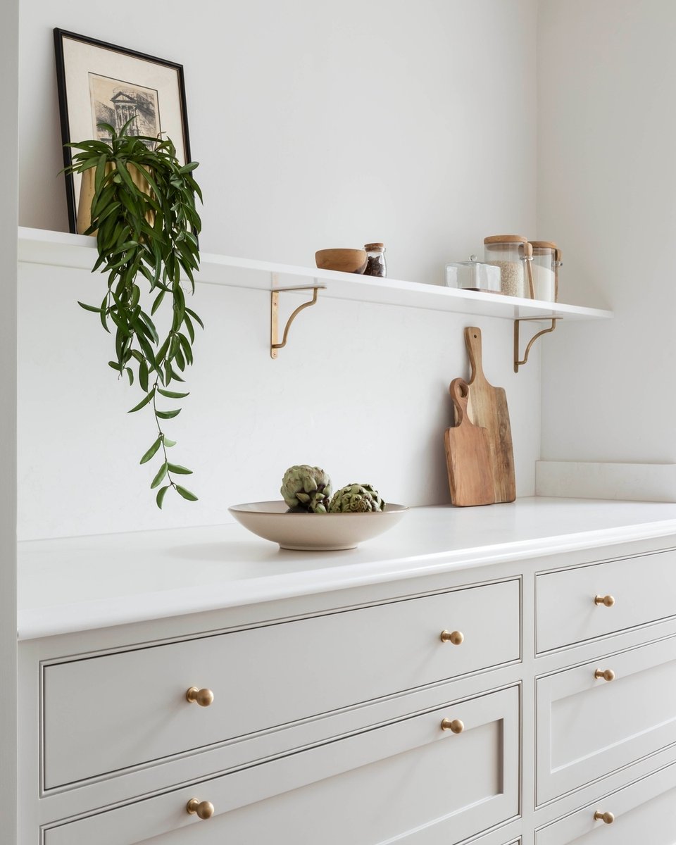 The deeper hues of Slaked Lime - Deep on @barrkitchens' kitchen cabinetry beautifully complement the crisp white walls, brass hardware and foliage 🌿