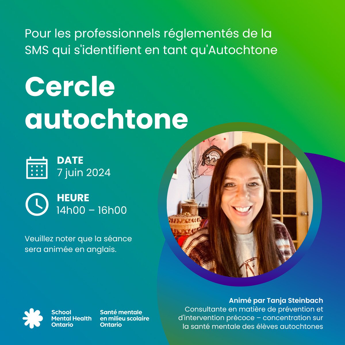 La dernière rencontre du Cercle de Réseau Autochtone se tient le 7 juin. Ce réseau vise à réunir les professionnels autochtones de la SM en MS travaillant avec des élèves autochtones. S'inscrire en envoyant un courriel à tsteinbach@smho-smso.ca. #SanteMentaleScolaireON