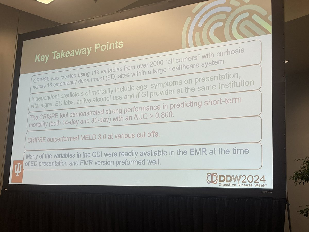 Fantastic presentation by @ArchitaMD of @IUGastro at #DDW2024 on The Cirrhosis Risk Instrument for Stratifying Post-Emergency department mortality ('CRISPE') 👏 redcap.uits.iu.edu/surveys/?s=EFR… #livertwitter