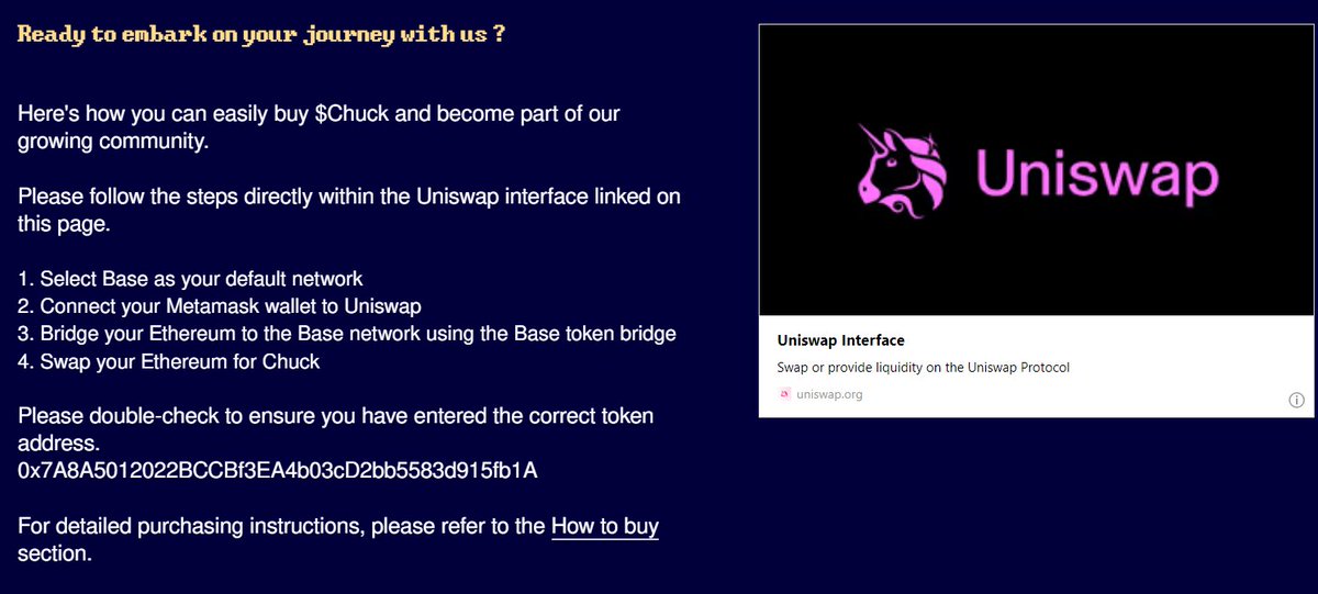 BlockchainDose_'s tweet photo. How to Buy $CHUCK
— Uniswap, and chose #Base as your default network
— Connect Metamask to UniSwap
— Bridge ETH to Base Network using the Base token Bridge
— Swap ETH for $CHUCK

$PEPE $APU $BRETT $BONK $NOT $ZIG