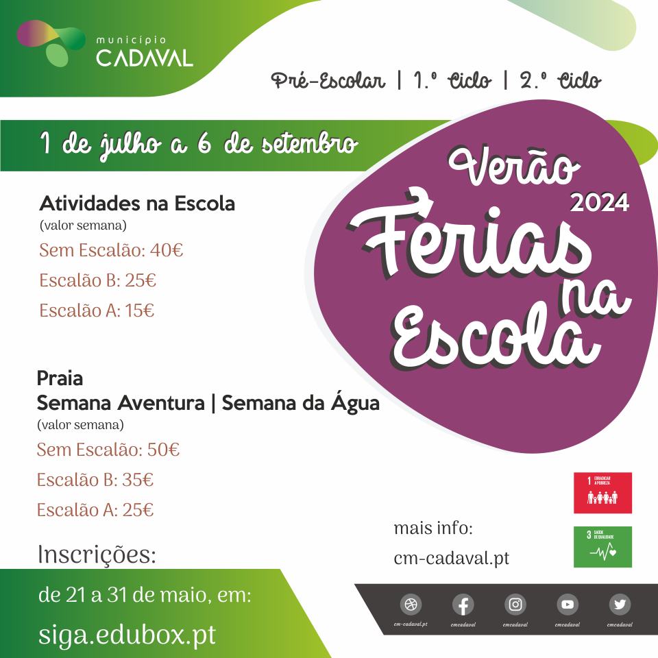 cmcadaval's tweet image. Férias na Escola e Férias Jovens  | Verão 2024

Para este verão de 2024 as semanas das Férias na Escola e Férias Jovens serão temáticas e as atividades diárias serão organizadas em torno do tema escolhido.  

Mais informação: cm-cadaval.pt/1524/friasnaes…

#educação #verão #cadaval