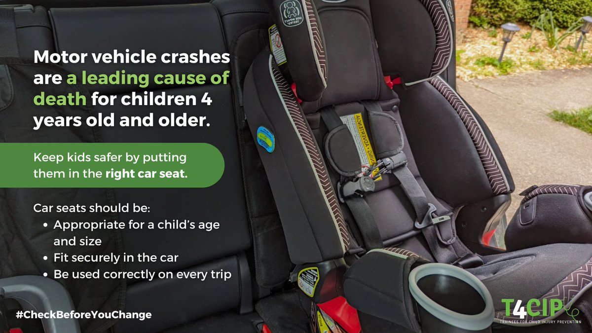 Motor vehicle crashes are a leading cause of death for children in the US. The best way to protect children is by using the correct car seat for their age and size, and making sure it fits securely. #CheckBeforeYouChange #T4CIP