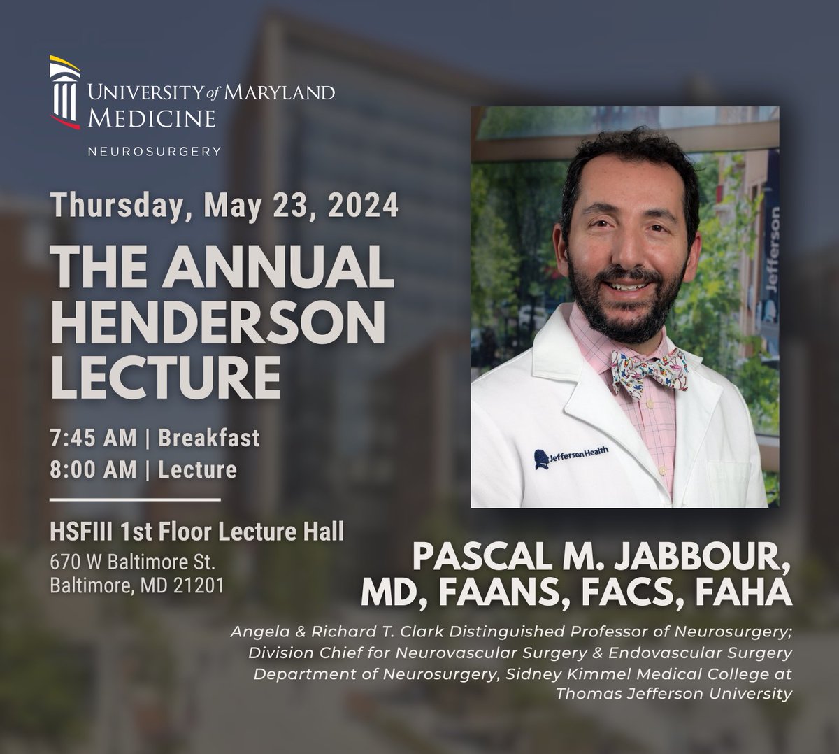 Pascal Jabbour MD, FAANS, FACS, FAHA (@pascaljabbourmd) on Twitter photo I will be Visiting Professor <a href="/UMDNeurosurgery/">Maryland Neurosurgery</a> on Thursday, Thank you <a href="/UMDNsgyChair/">Graeme Woodworth, MD</a> for the invite ! Looking forward to meeting the residents and faculty! I will be Visiting Professor <a href="/UMDNeurosurgery/">Maryland Neurosurgery</a> on Thursday, Thank you <a href="/UMDNsgyChair/">Graeme Woodworth, MD</a> for the invite ! Looking forward to meeting the residents and faculty!
