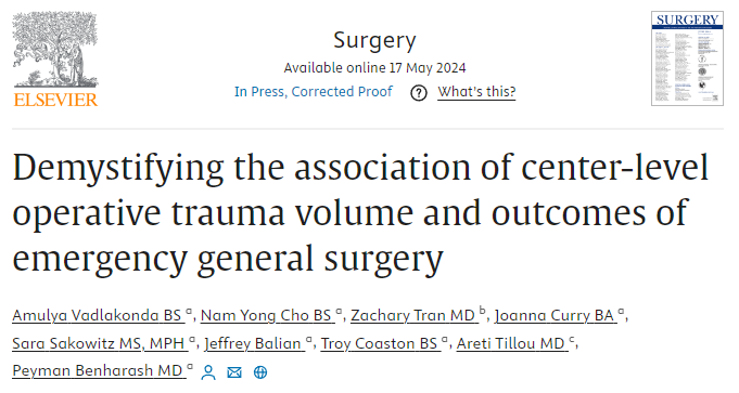 Our latest #NewPublication out now in @Surgery ✨ @amulyavad, @NamYong_Cho, @DrZacharyTran & team evaluate the link between center #trauma volume and outcomes following EGS
❓Is there a cross-volume effect?
❓Does EGS caseload = quality?
❓What does this mean for the ACS model?