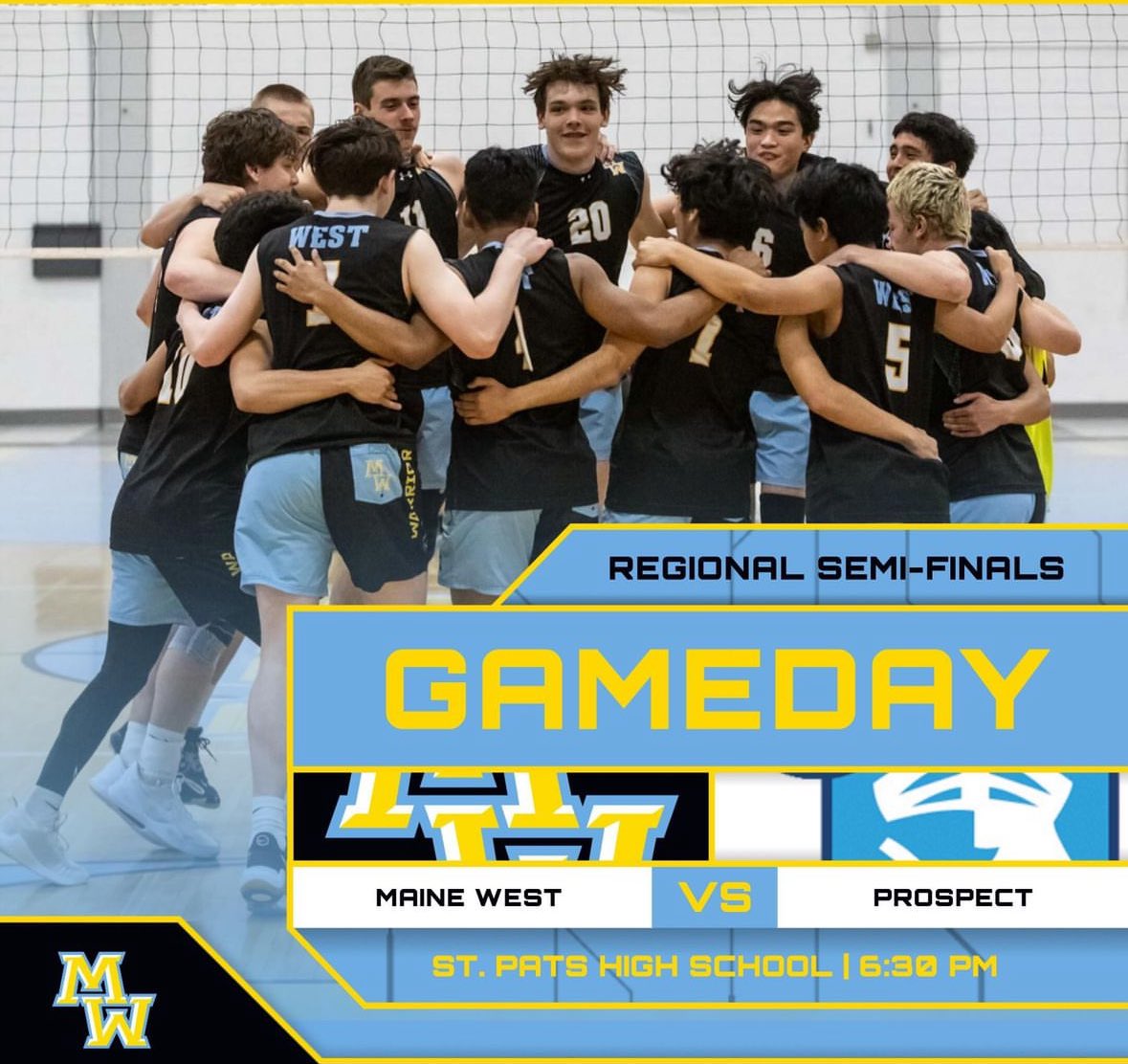 GAMEDAY! 

Big match-up tonight for the Regional Semi-Finals. 

📍St. Patricks High School
⏰6:30 pm
🆚 Prospect High School

$5 Admission per IHSA State Playoffs. 

Winner advances to the Regional Championship on Thursday.
#MaineWestBoysVolleyball