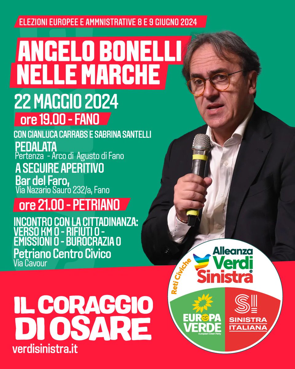 #IlcoraggiodiOsare: Gli appuntamenti di @AngeloBonelli1 nelle Marche, domani #23maggio👇