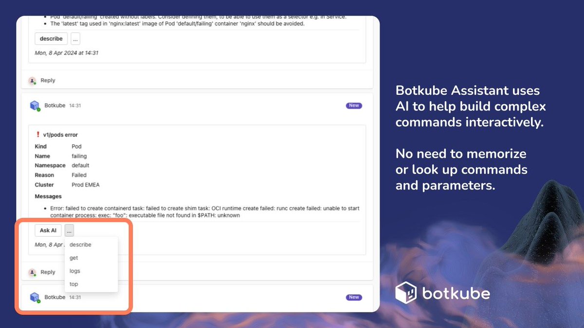 📢 Botkube at #MicrosoftBuild2024! 👀 Look for us & discover Botkube Copilot: Your AI-powered Kubernetes assistant for #MicrosoftTeams. Simplify kubectl, troubleshoot faster, automate workflows, & collaborate seamlessly. #Kubernetes #AI #DevOps

bit.ly/3USEw9B