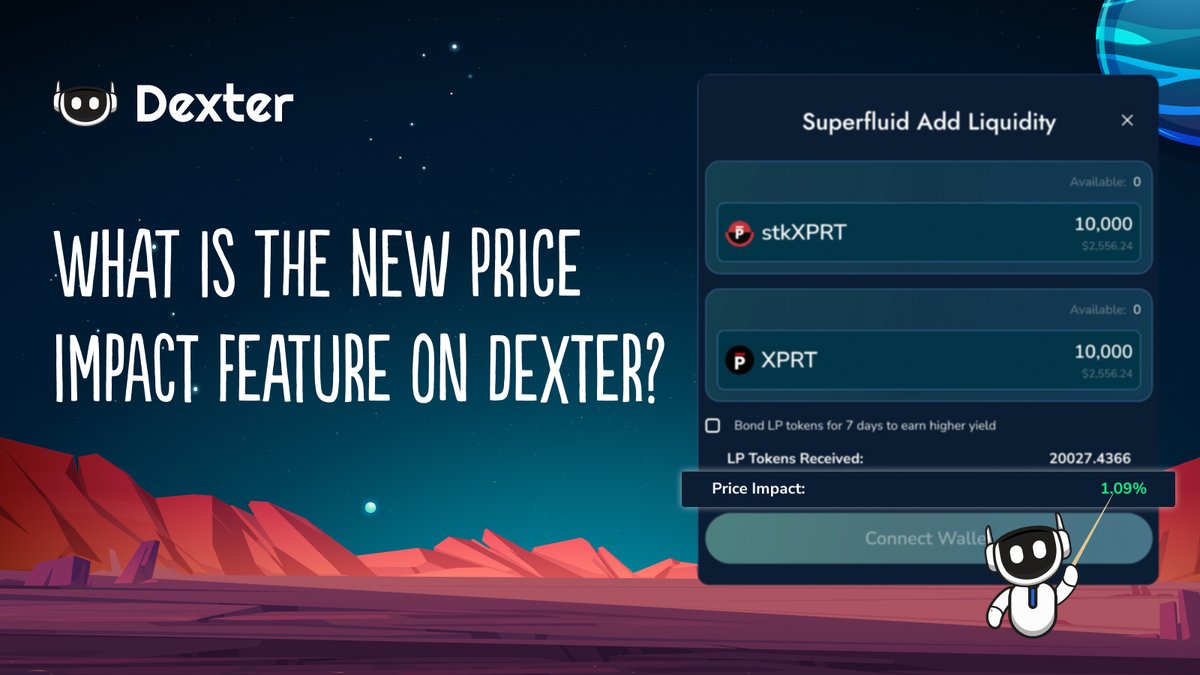 dexter_zone's tweet image. What is the new Price Impact feature on Dexter?

We’re thrilled to unveil a new feature on @dexter_zone designed for liquidity providers in the stkXPRT/XPRT pool: The Price Impact tool 📊✨

If you’ve ever wondered how adding liquidity affects the stkXPRT/XPRT pool’s price, then…