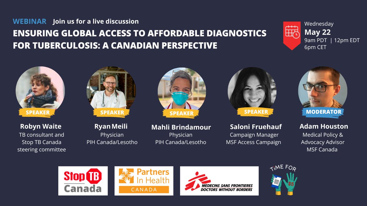 Join our #TimeFor5 webinar with @MSF_Canada, @StopTBCanada & @PIHCanada, as we explore access to affordable #TB tests from the Canadian perspective and beyond. 🗓️22 May ⏰ 9am PDT | 12pm EDT | 6pm CET Don’t miss out! 👇 🔗us06web.zoom.us/meeting/regist…