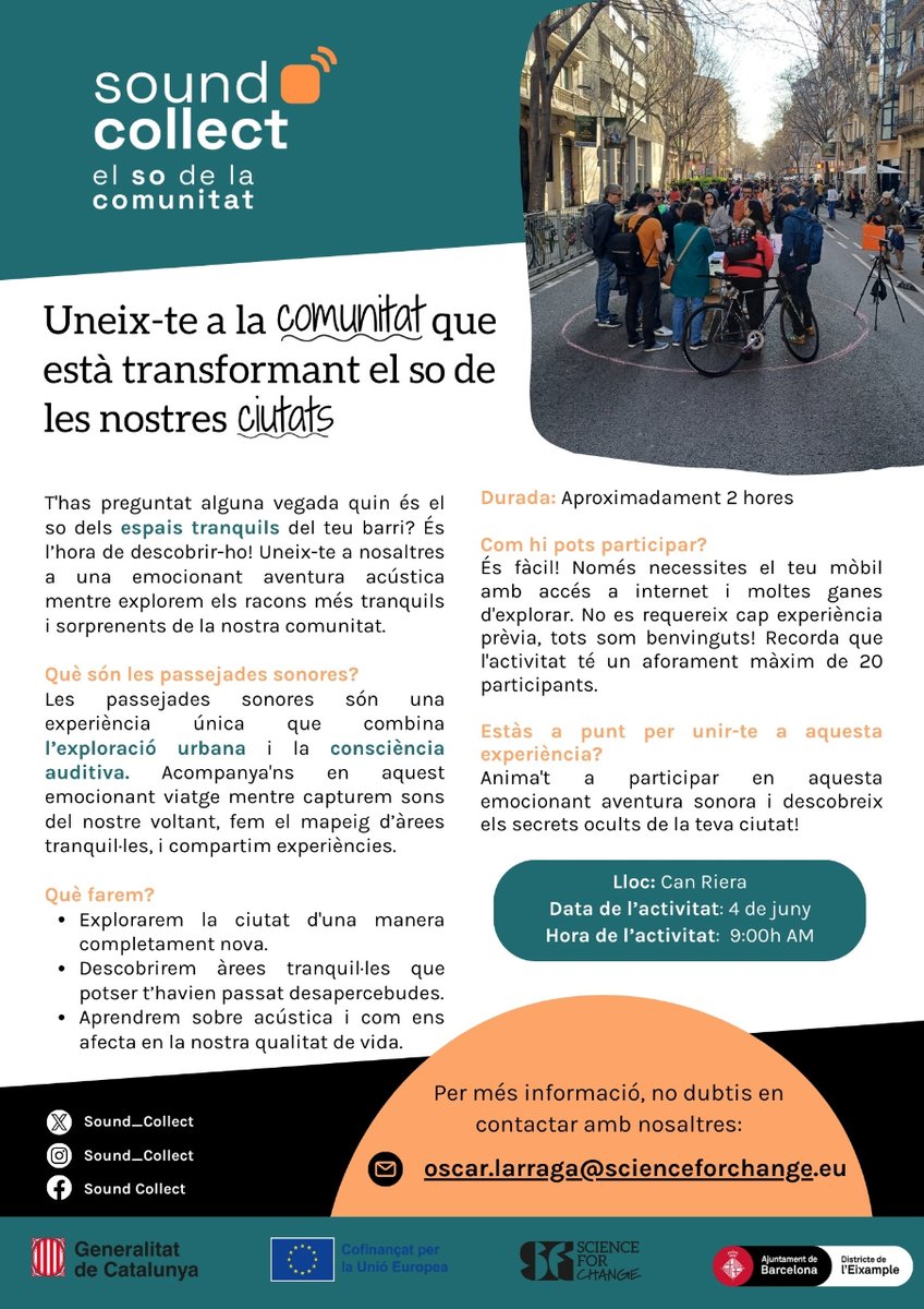 LHCiencia's tweet photo. Vols formar part del projecte de #CiènciaCiutadana "SoundCollect"🔊 i no saps com?

Et portem la resposta!👇

👉Participa en els passejos sonors🚶‍♀️ i registra els sons que sentis durant el recorregut! 

🗓️4/6, 9-11 h
📍Can Riera

#LHCiència https://t.co/qEijd7FgFR