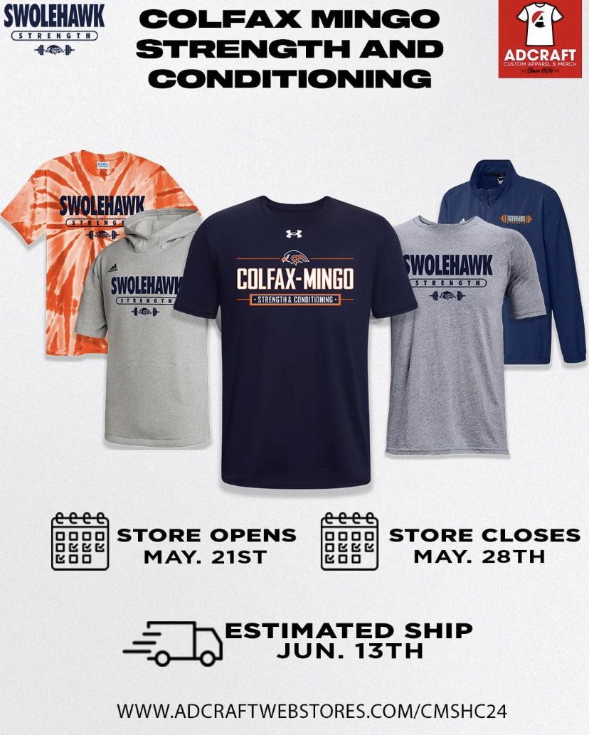 Colfax Mingo Strength and Conditioning store is now OPEN! It will remain open from May 21st through May 28th. All proceeds go towards the booster club. Support our student-athletes in the weight room!

Store -> adcraftwebstores.com/cmshc24/