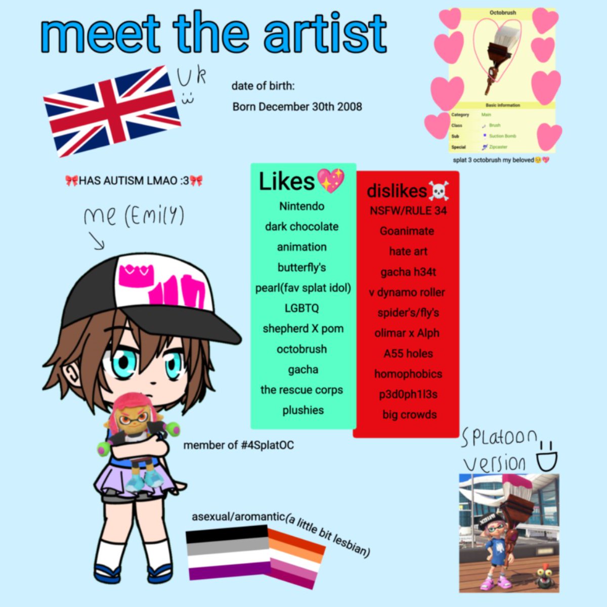 Meet the artist 🩵💖🎀 :D
❤️&♻️ Are Free
#Splatoon3 #MeetTheArtist #Pikmin4 #SFW #GachaClub #4SplatOC #Artist