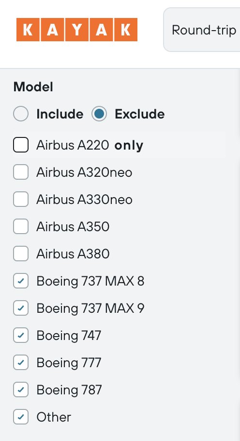 🚨HOW TO NOT FLY ON A BOEING Worried after seeing today's Singapore Boeing flight emergency and the months, and months, of Boeing malfunctions? Kayak allows you to EXCLUDE Boeing flights. You're welcome. Source: Kayak