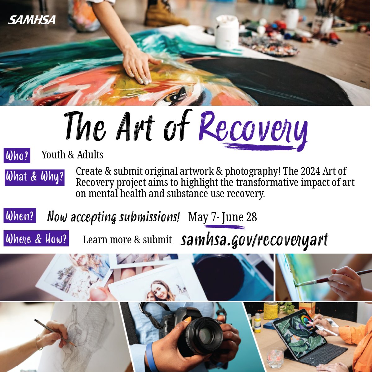 🎨 📸 Submit your art to SAMHSA's 2024 Art of Recovery! 

Celebrate art's role in mental health & substance use recovery. 
Show how creativity empowers & heals. Submit & learn more: samhsa.gov/recoveryart  #RecoveryIsPossible