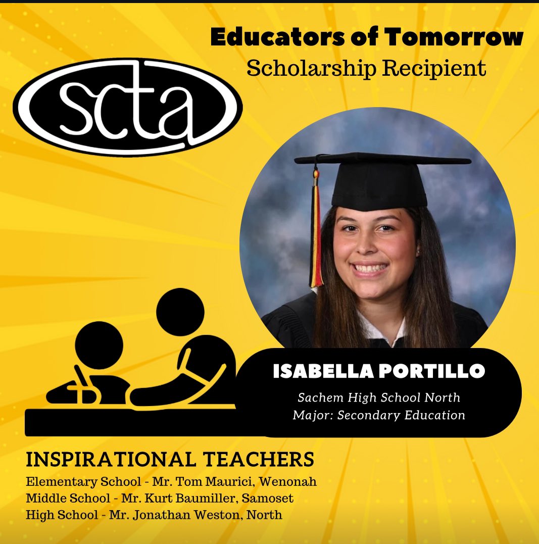 Congratulations to 🌟Isabella Portillo🌟Sachem North senior and SCTA ‘Educators of Tomorrow’ scholarship winner. Best Wishes! 💫 @nysut @aftunion @wearethescta @sachemcsd #scholarships #sachem #seniors #educatorsoftomorrow