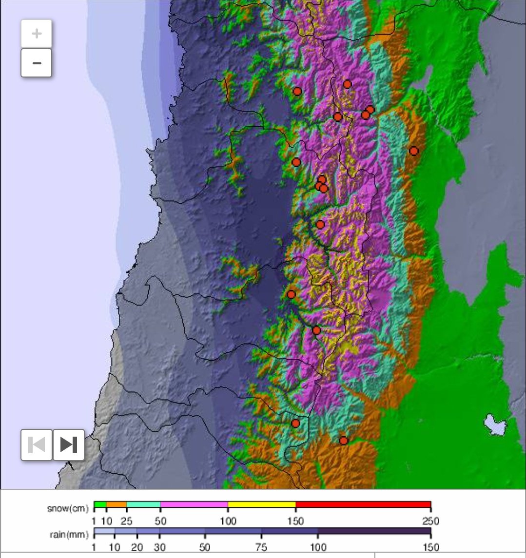 GFS | Proyección acumulado de lluvia y nieve próximos 3 días tramo Valparaiso a Maule. En #Santiago se espera caigan entre 20 y 30 mm adicionales de lluvia con la llegada del segundo #SistemaFrontal. Evento termina Jueves AM.