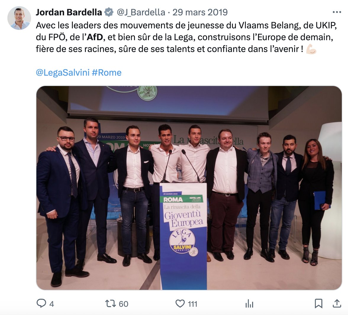 Le Jordan Bardella de 2024 annonce rompre les liens avec les responsables de l'#AFD suite à leurs propos sur les SS. Le Jordan Bardella de 2019 aimait bien les accolades avec les mêmes 🧐