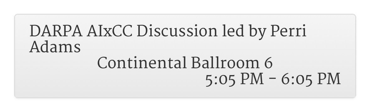 Today I’ll be at IEEE Security and Privacy @IEEESSP with Andrew Carney from @ARPAHealth to discuss AIxCC. There’s so much fantastic research being presented on how AI can be used for security, we’re excited to join the fun 🎉