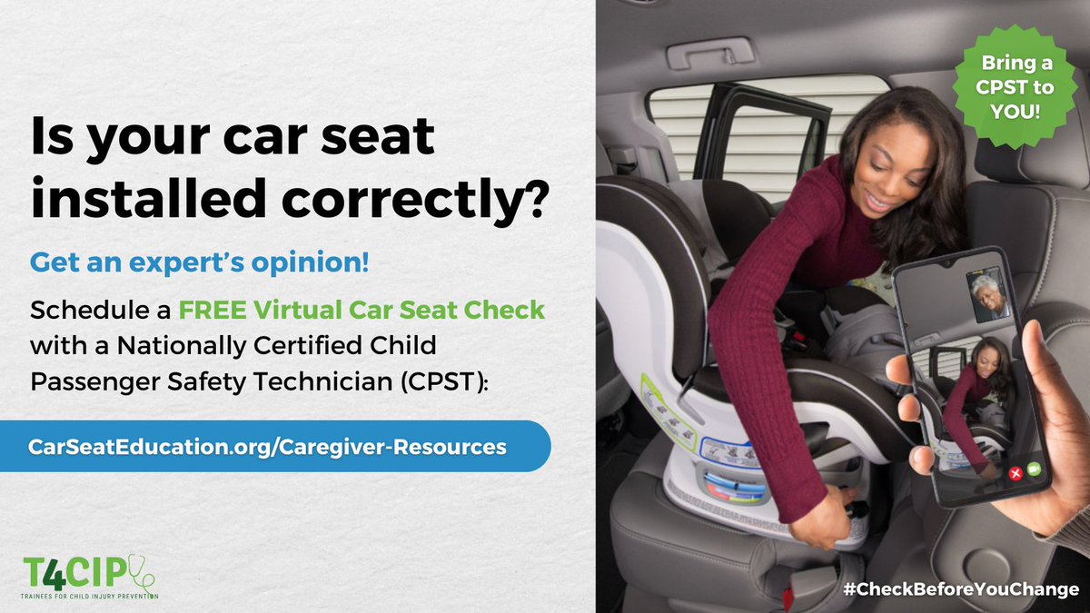 Questions about your child’s car seat? Have a Child Passenger Safety Technician (CPST) inspect it today. Go to SafeKids.org and select “Find a Tech” nearest to you. Or, schedule a virtual check at CarSeatEducation.org. #CheckBeforeYouChange #T4CIP