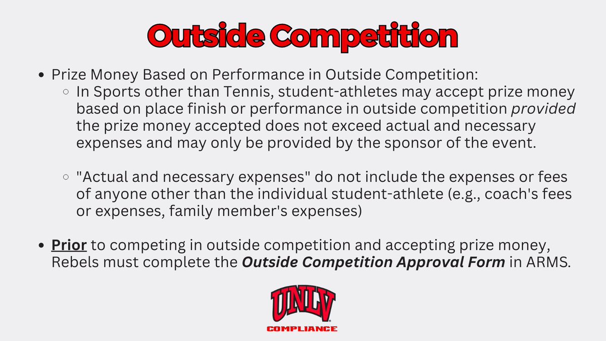 unlvcompliance's tweet photo. Planning to compete in outside competition this summer? 

All outside competition must be approved prior to participation ✅

ARMS ➡️ Outside Competition Approval Form https://t.co/9SlYV62aXH