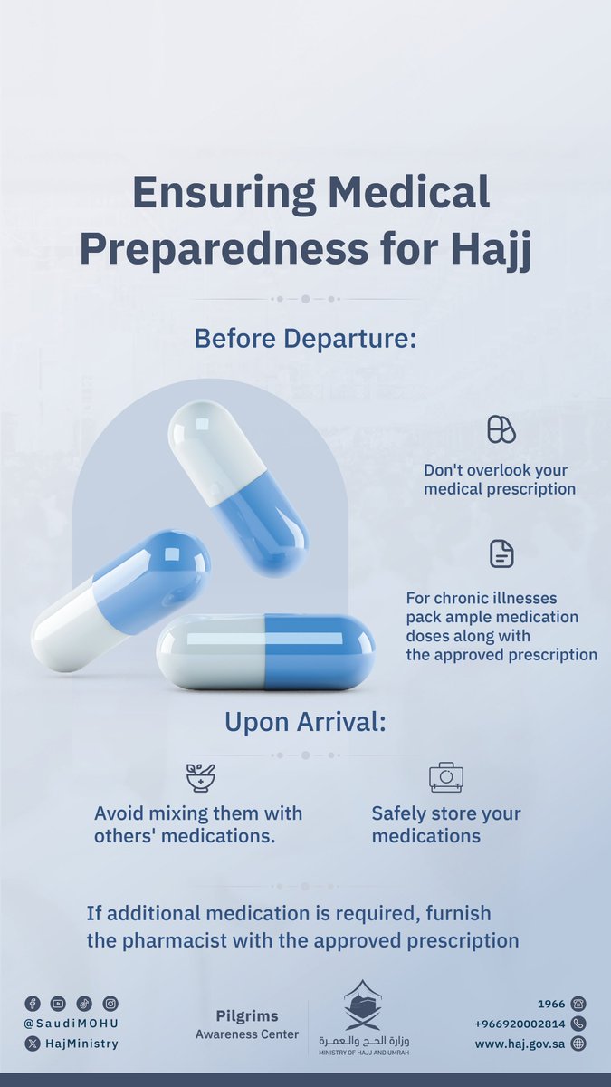 Bringing your medical prescription and necessary medications along for Hajj saves you the hassle of searching during rituals. Stay prepared, stay healthy! #Makkah_and_Madinah_Eagerly_Await_You #No_Hajj_without_a_permit #Hajj_1445H