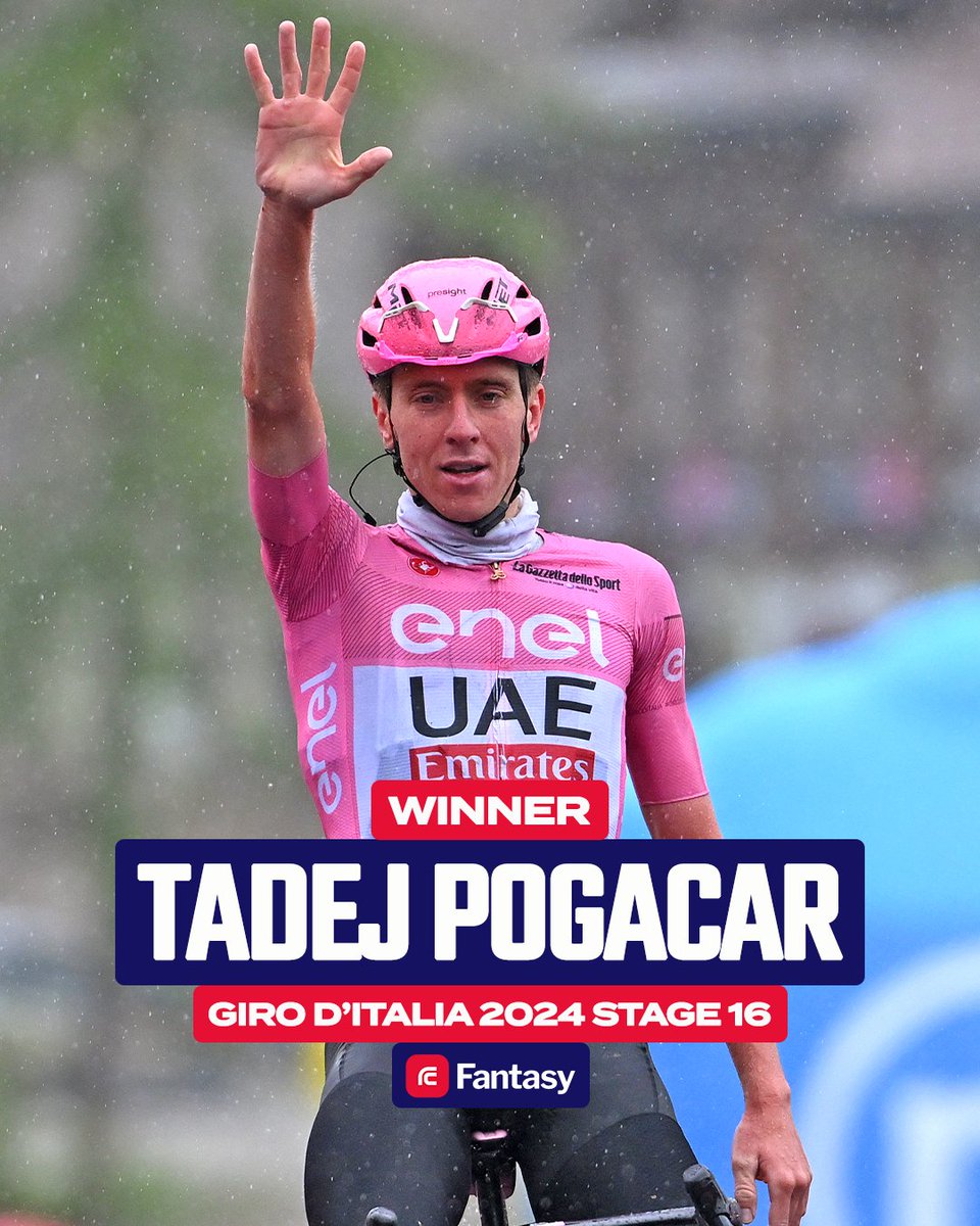 𝗙𝗶𝘃𝗲 stage wins for Pogačar 🤯 Tadej wins a weather affected Stage 16 at the Giro d'Italia with a supreme final acceleration - was he in your Fantasy’24 team? 🔮 Play Fantasy'24: goto.roadcode.cc/fanx 𝙍𝙚𝙨𝙪𝙡𝙩: 1. Pogačar 2. Pellizzari 3. Martínez 📸 Getty Images
