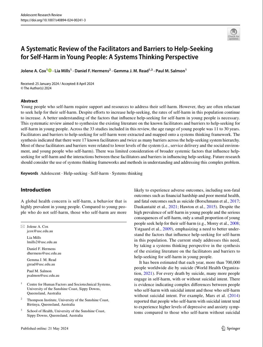 Jolene A. Cox (@coxjolenea) on Twitter photo My first of many papers on the use of systems thinking methods in mental health - this one is on help-seeking for self-harm in young people. Published in Adolescent Research Review: doi.org/10.1007/s40894…
Big thanks to <a href="/usceduau/">UniSC: University of the Sunshine Coast</a> for funding this project! My first of many papers on the use of systems thinking methods in mental health - this one is on help-seeking for self-harm in young people. Published in Adolescent Research Review: doi.org/10.1007/s40894…
Big thanks to <a href="/usceduau/">UniSC: University of the Sunshine Coast</a> for funding this project!
