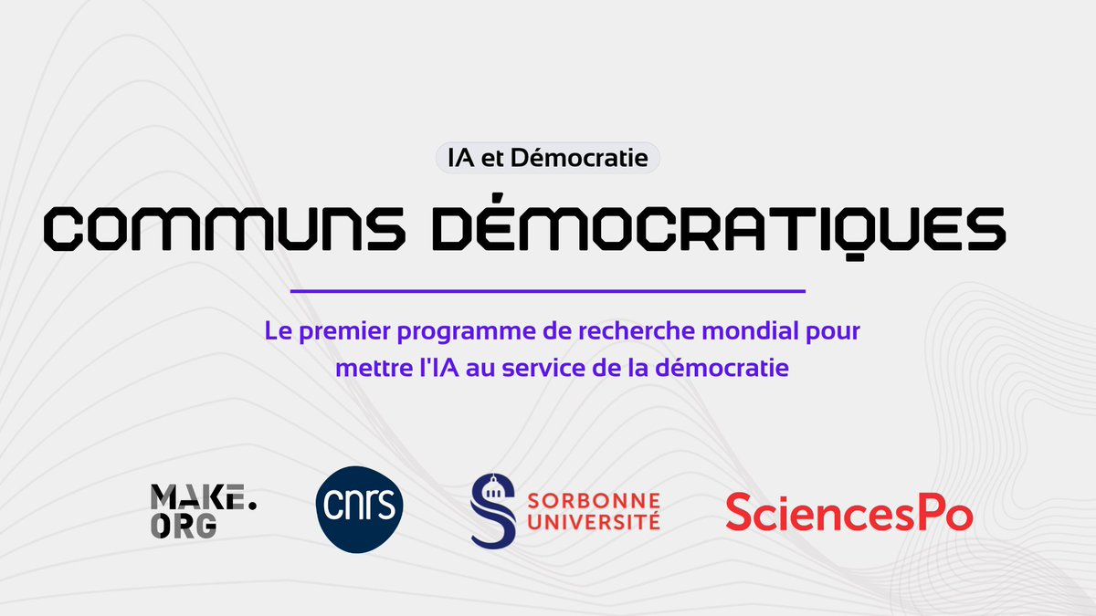 @sciencespo @Sorbonne_Univ_ @CNRS @Marina_Ferrari @EmmanuelMacron @Elysee @Economie_Gouv @CEVIPOF @medialab_ScPo @Genci_fr @antoine_petit_ @AvrinGuillaume @BrunoBonnellOff @Paul_F_Fournier Portée par la France avec @Make_org, @sciencespo, @Sorbonne_Univ_ et @CNRS, cette initiative est menée avec le soutien de partenaires internationaux de renommée mondiale : @huggingface, @AspenInstitute, @MozillaAI, @pro_jectliberty's Institute et @Genci_fr. #CommunsDémocratiques