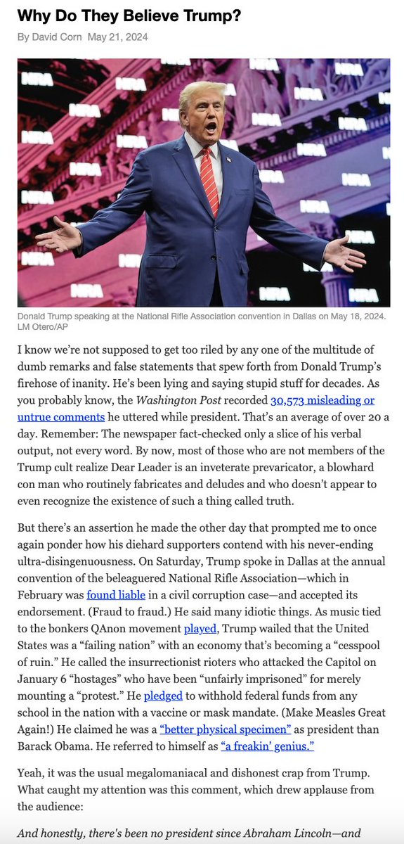 Why do Trump supporters believe—or accept—his outlandish & obvious lies? This remains an important question for American politics. I explore it in the new issue of my #OurLand newsletter. link.motherjones.com/public/35444637 Sign up for a free trial subscription at davidcorn.com