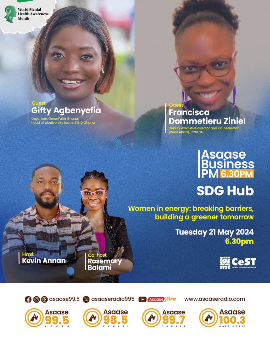 📻  — Gifty Agbenyefia from <a href="/greenfaithgh/">GreenFaith Ghana</a> &amp; <a href="/SYNDGhana/">Strategic Youth Network For Development(SYND)</a>, &amp; Francisca Ziniel from <a href="/CYNESA/">#LaudatoSi #LaudateDeum #Jubilee2025</a>, will join @Rosemary_balami &amp; <a href="/NiiAdjeiAnnan2/">Kev</a> on the #SDGHub TODAY to discuss #Women in #Energy.

Join the conversation on <a href="/asaaseradio995/">Asaase 99.5</a> or watch LIVE on our Facebook page. 

#AsaaseRadio