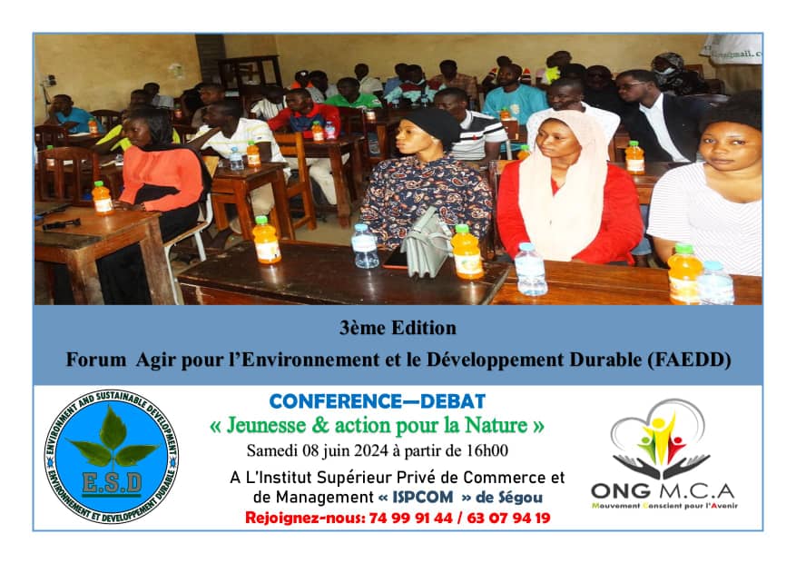 ESD_association's tweet photo. Forum #FAEDD, 3e édition
Activité 2 : Conférence - Débat, Thème : Jeune et Action pour la Nature
Lieu : ISPCOM, 8 juin à 16H00 - Ségou
#ForNature #Belgiumambassy #belgique #EU #Mali #jeunesse #climatechange #climatactionAssociation  @BelgiumMFA @EUEnvironment @EUClimateAction https://t.co/DIJ16mO1MZ